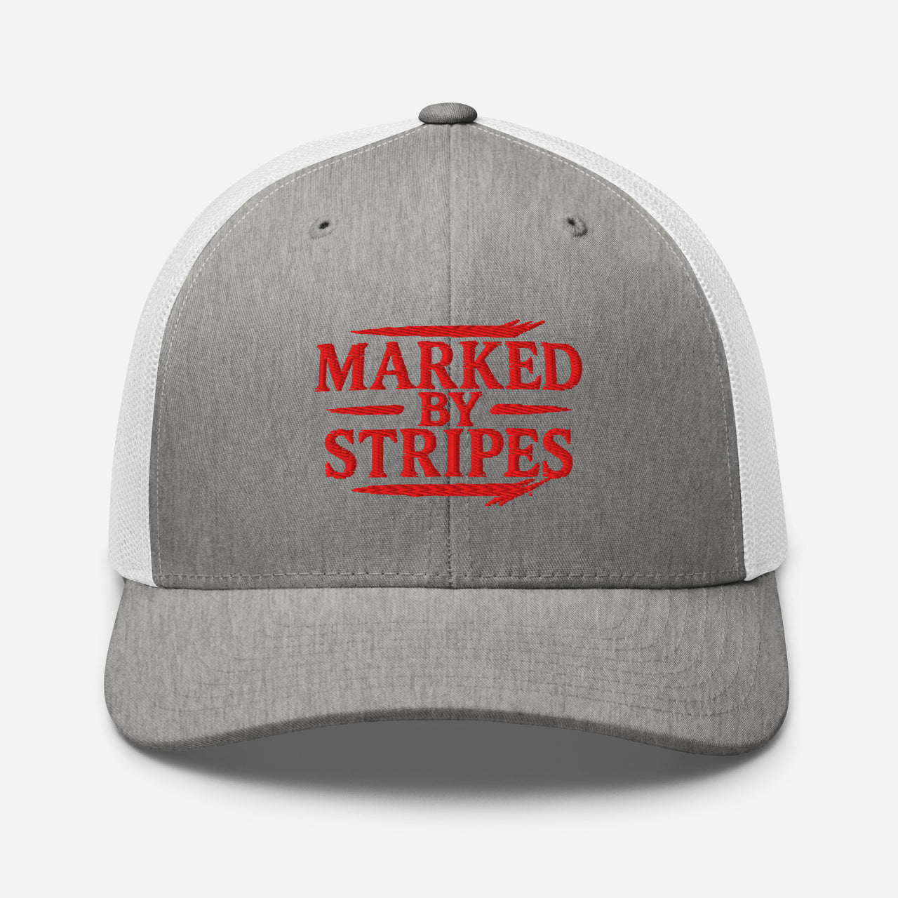 Heather grey and white Christian trucker hat – red embroidered front panel
