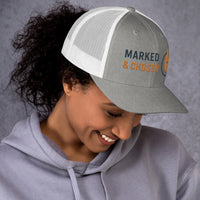 Female Model wearing Heather gray and white mesh cap featuring Marked & Chosen logo – faith-based snapback