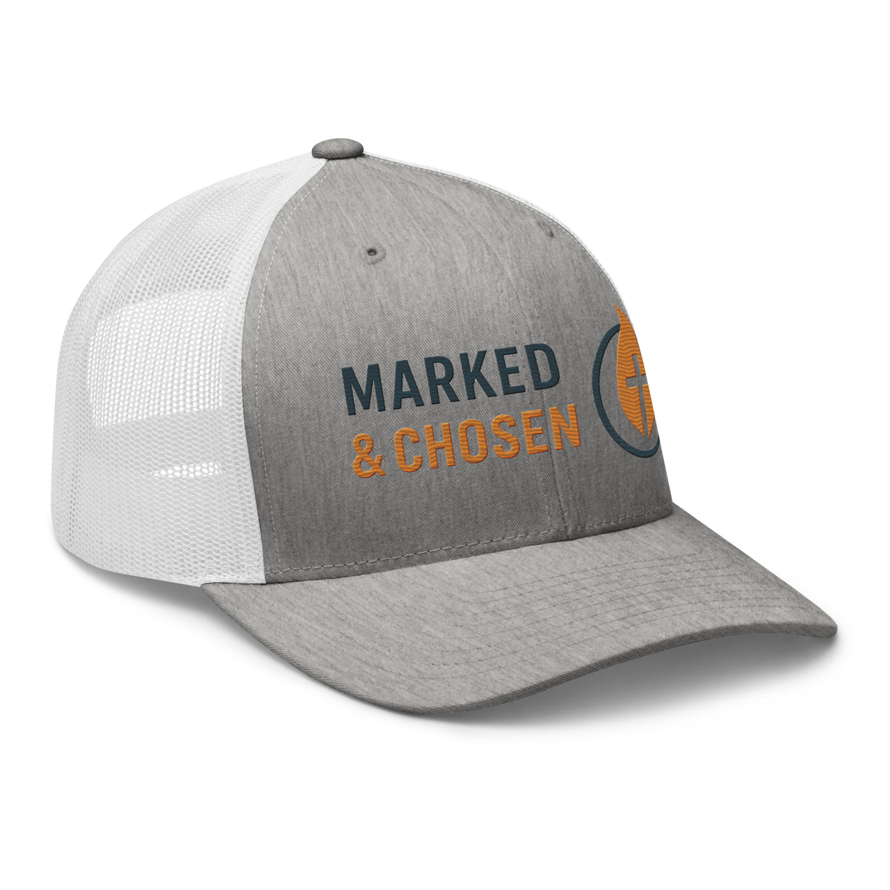 Heather gray and white mesh cap featuring Marked & Chosen logo – faith-based snapback