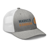 Heather gray and white mesh cap featuring Marked & Chosen logo – faith-based snapback