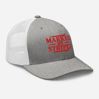 Heather grey/white trucker cap – Christian design in red seen from front-right angle