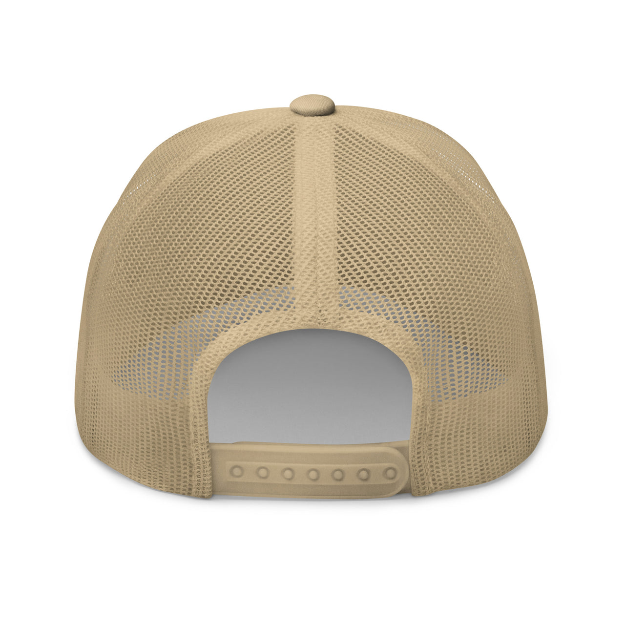 Snapback Enclosure of Khaki tan Marked & Chosen hat with orange and navy embroidered Christian branding