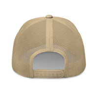 Snapback Enclosure of Khaki tan Marked & Chosen hat with orange and navy embroidered Christian branding
