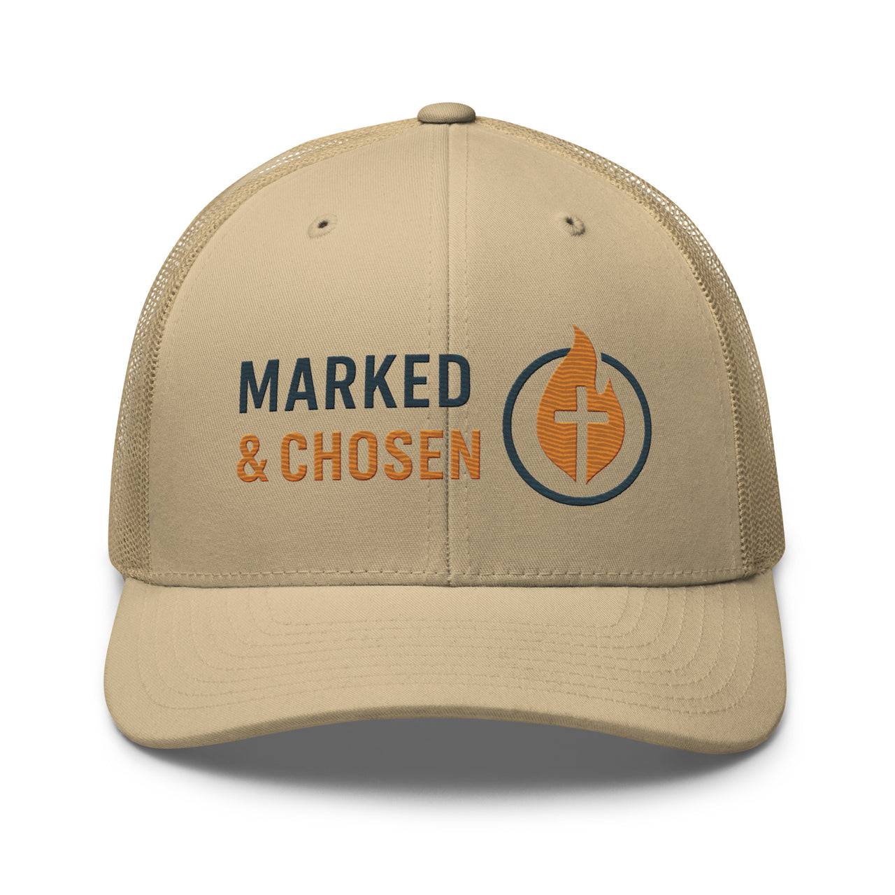 Khaki tan Marked & Chosen hat with orange and navy embroidered Christian branding