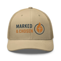 Khaki tan Marked & Chosen hat with orange and navy embroidered Christian branding