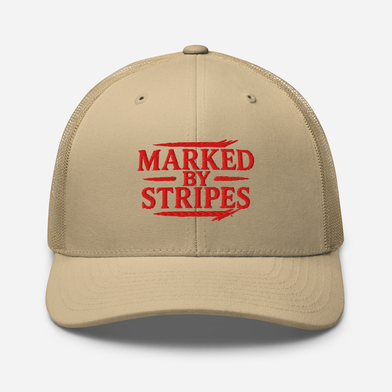 Khaki Christian trucker hat – red embroidered front design with dark mesh backing