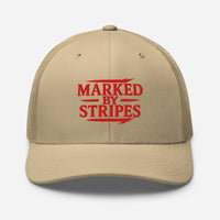 Khaki Christian trucker hat – red embroidered front design with dark mesh backing