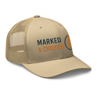 Khaki tan Marked & Chosen hat with orange and navy embroidered Christian branding