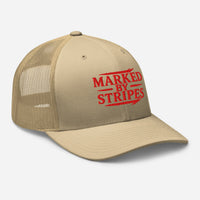 Khaki gospel trucker cap – front-right angle showing red Marked by Stripes embroidery
