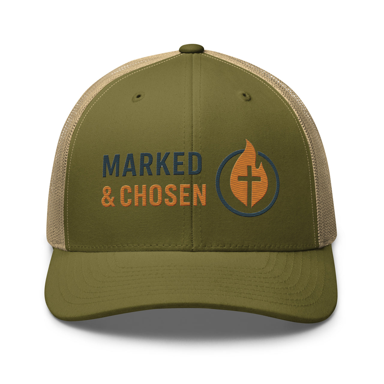 Moss green and khaki trucker cap with flame icon – Marked & Chosen Christian headwear