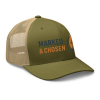 Moss green and khaki trucker cap with flame icon – Marked & Chosen Christian headwear