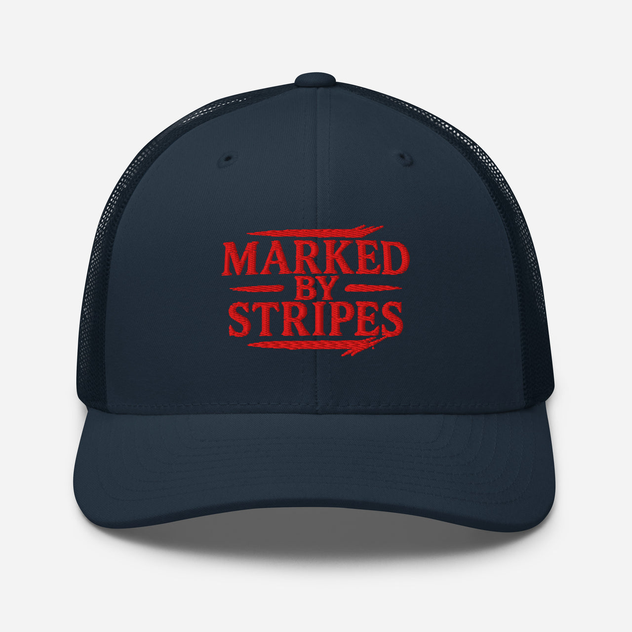 Navy Christian trucker cap – red embroidered gospel front design