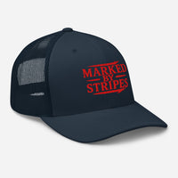 Navy gospel trucker hat – front-right view showing red embroidered Christian message