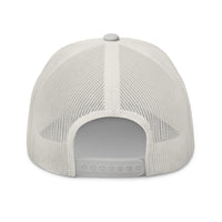 Snapback enclosure back Silver and white trucker hat with Marked & Chosen flame emblem – Christian apparel