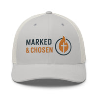 Silver and white trucker hat with Marked & Chosen flame emblem embroidered – Christian apparel