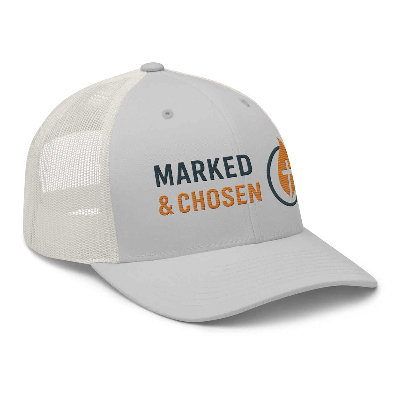 Silver and white trucker hat with Marked & Chosen flame emblem – Christian apparel