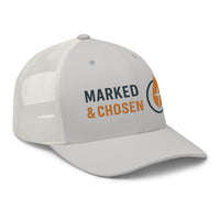 Silver and white trucker hat with Marked & Chosen flame emblem – Christian apparel