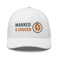 White mesh back Christian hat with Marked & Chosen logo – faith streetwear