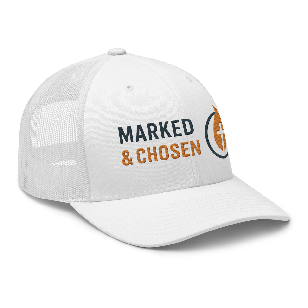 White mesh back Christian hat with Marked & Chosen logo – faith streetwear