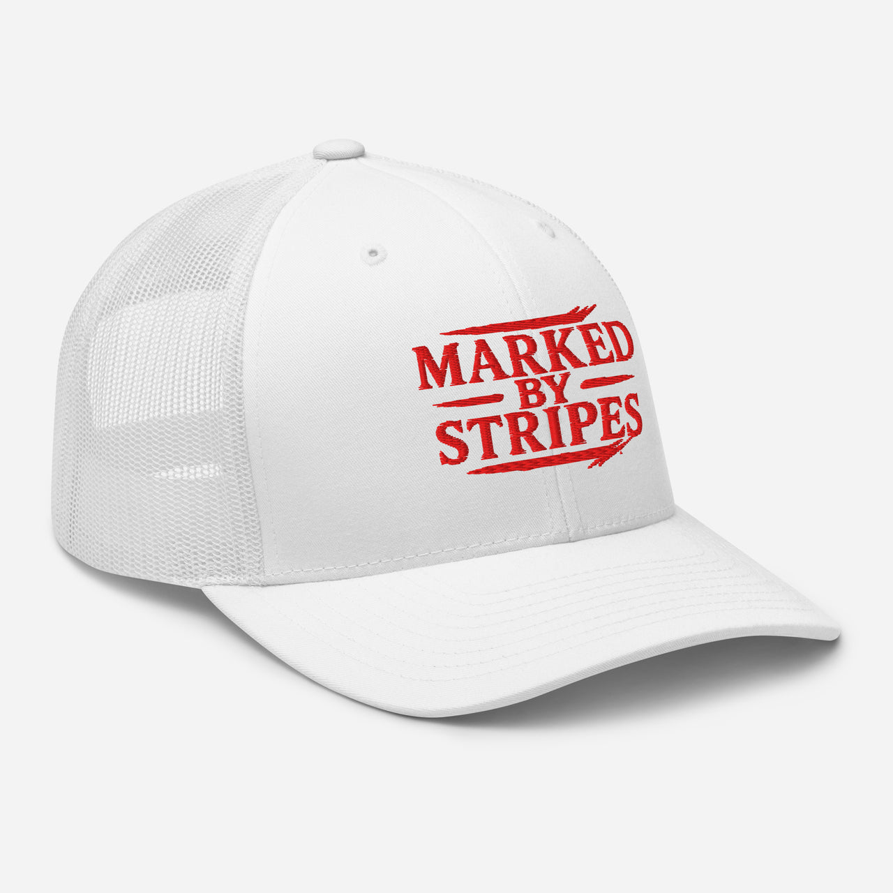 White Christian mesh hat – red gospel embroidery viewed from front right