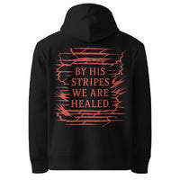 Marked by Stripes black Christian hoodie – red By His Stripes We Are Healed on the back