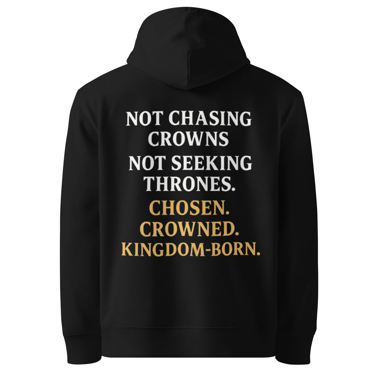 Black Royalty Christian hoodie – white/gold Kingdom word stack on the back