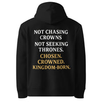 Black Royalty Christian hoodie – white/gold Kingdom word stack on the back