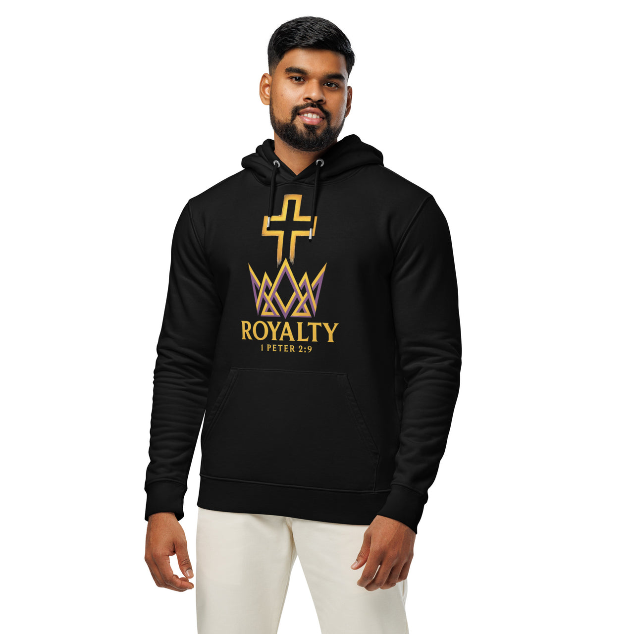 Man wearing black Royalty hoodie – gold cross and crown front graphic with 1 Peter 2:9 reference