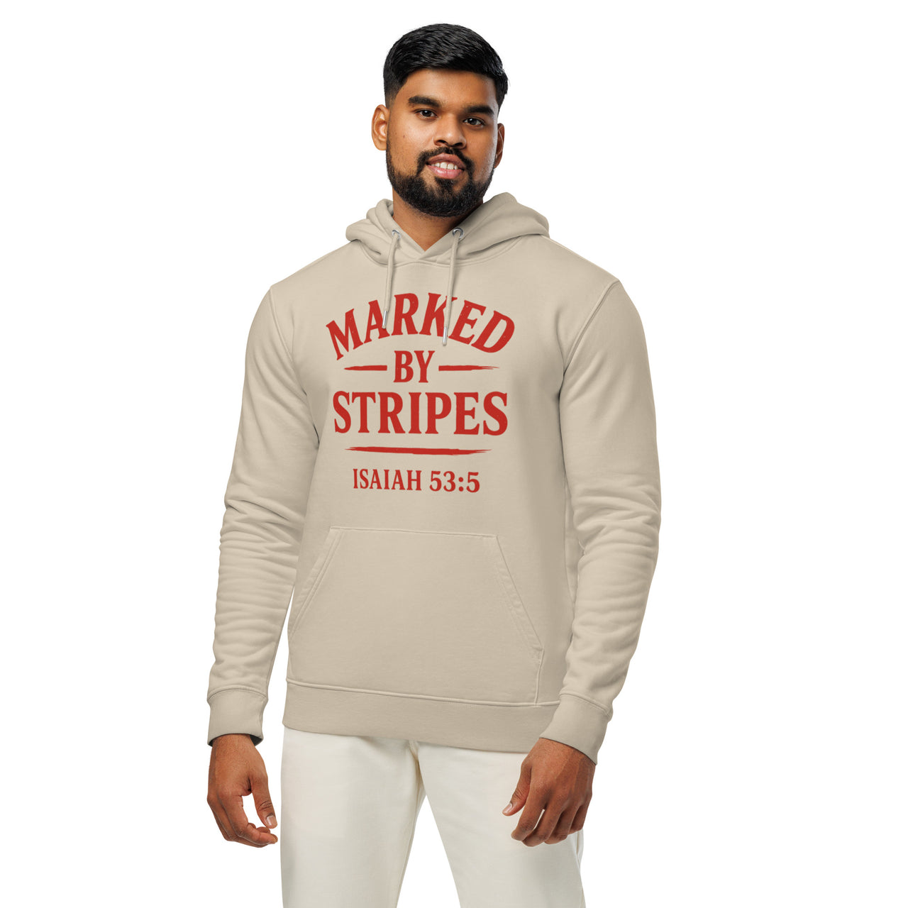 Man wearing desert dust Christian hoodie – red Marked by Stripes logo visible