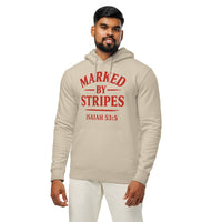 Man wearing desert dust Christian hoodie – red Marked by Stripes logo visible