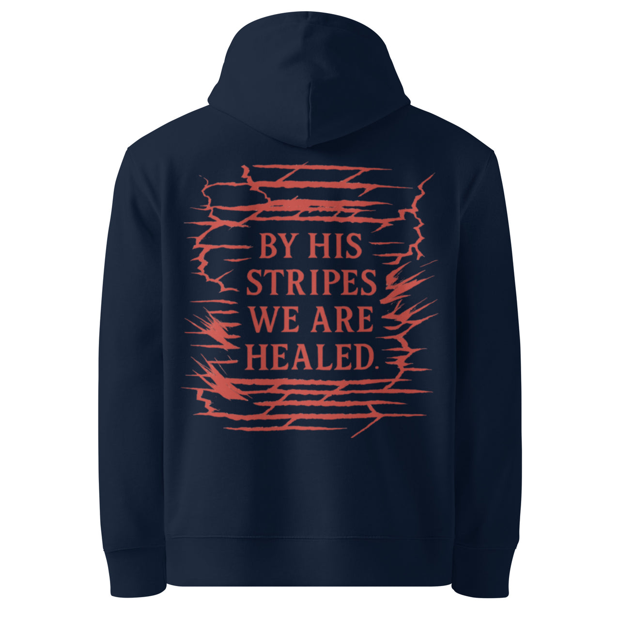 Navy blue Christian hoodie – red back scripture design