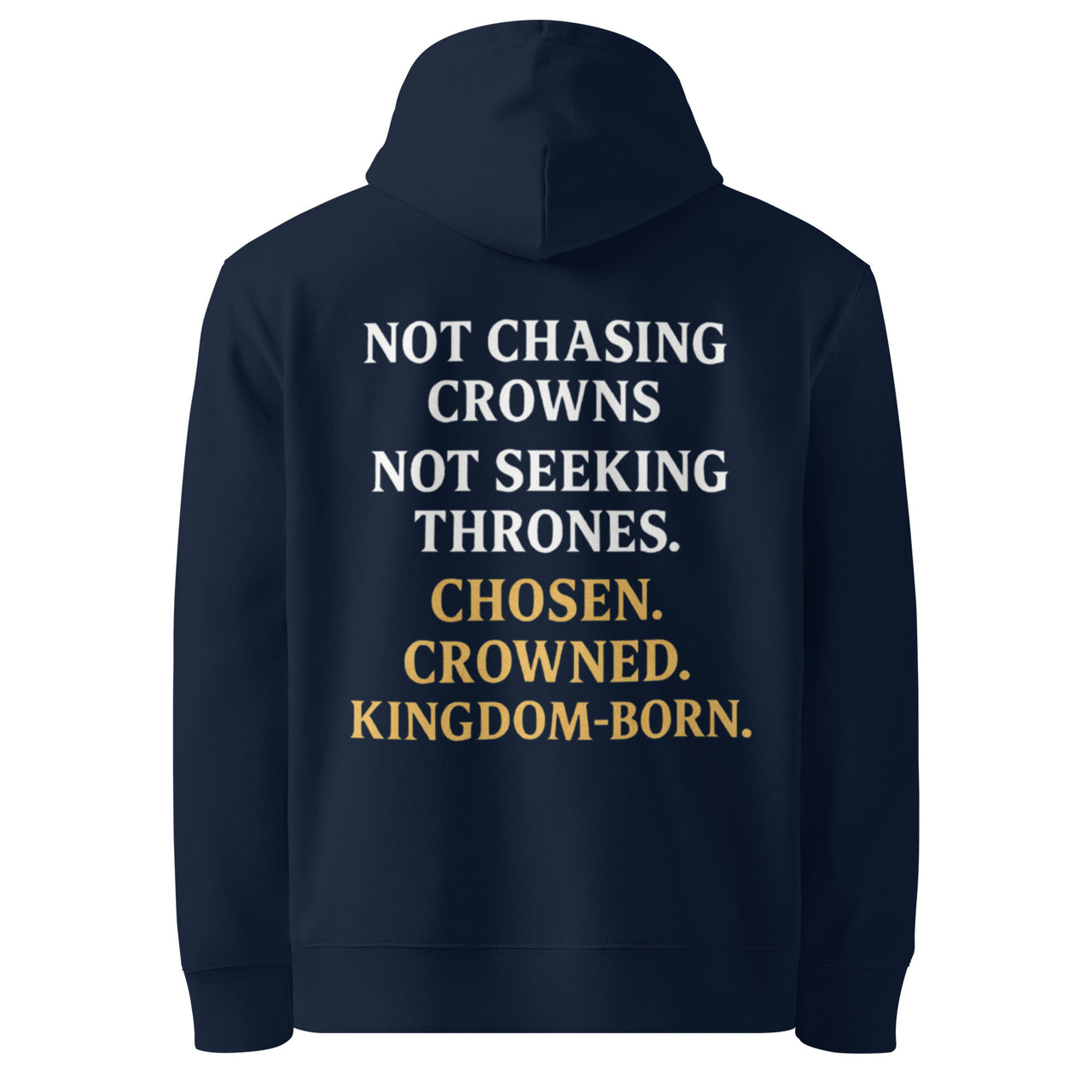 Navy blue Royalty Christian hoodie – bold white/gold gospel identity statement on back