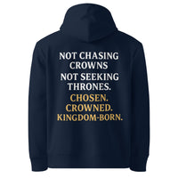 Navy blue Royalty Christian hoodie – bold white/gold gospel identity statement on back