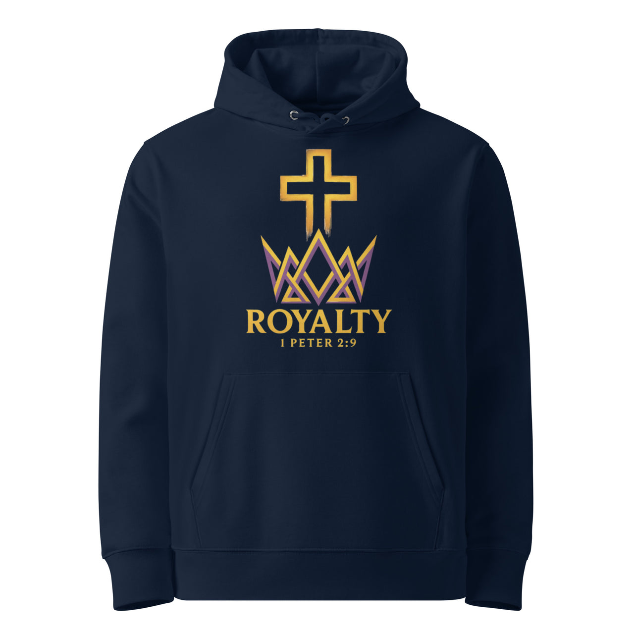 Navy blue Royalty Christian hoodie – printed gold cross and crown front