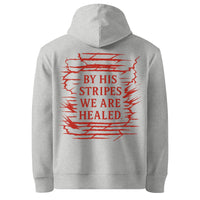 Heather grey Christian hoodie – red Isaiah 53:5 back design