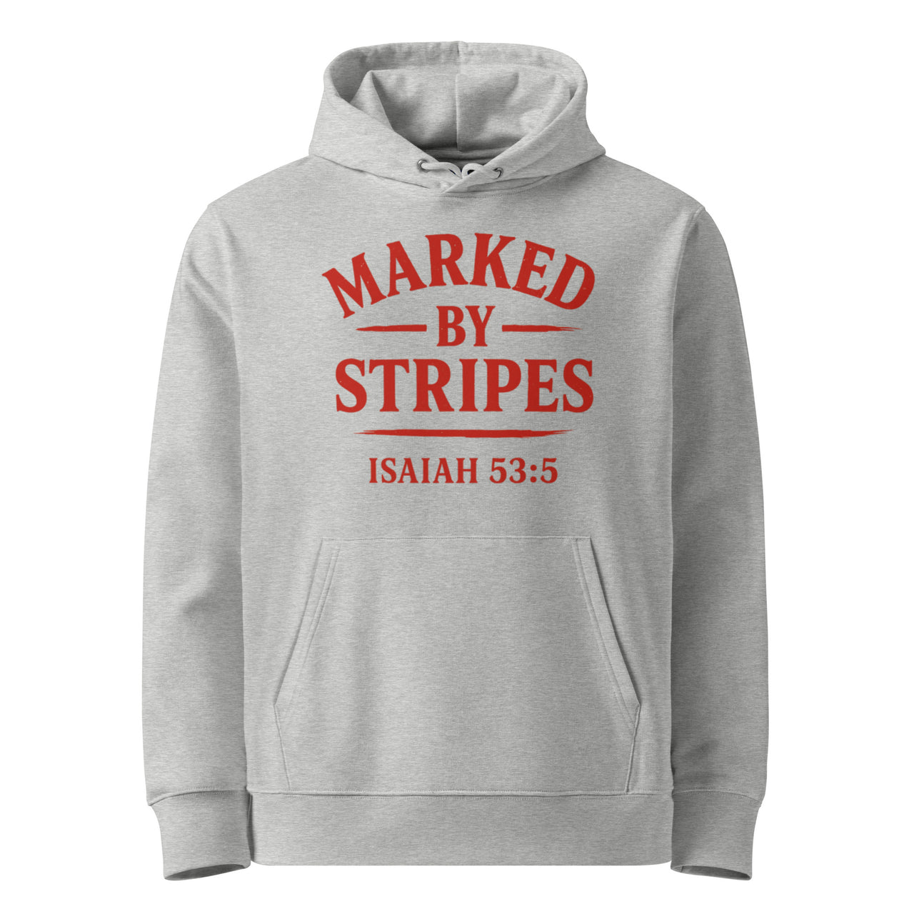 Heather grey Christian hoodie – red Marked by Stripes front logo