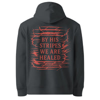 Dark grey Christian hoodie – red faith-based Isaiah 53:5 back print