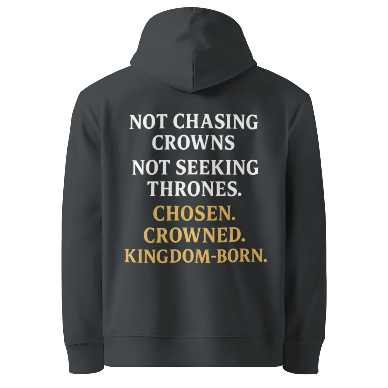 Dark grey Royalty hoodie – full gospel identity word stack on back