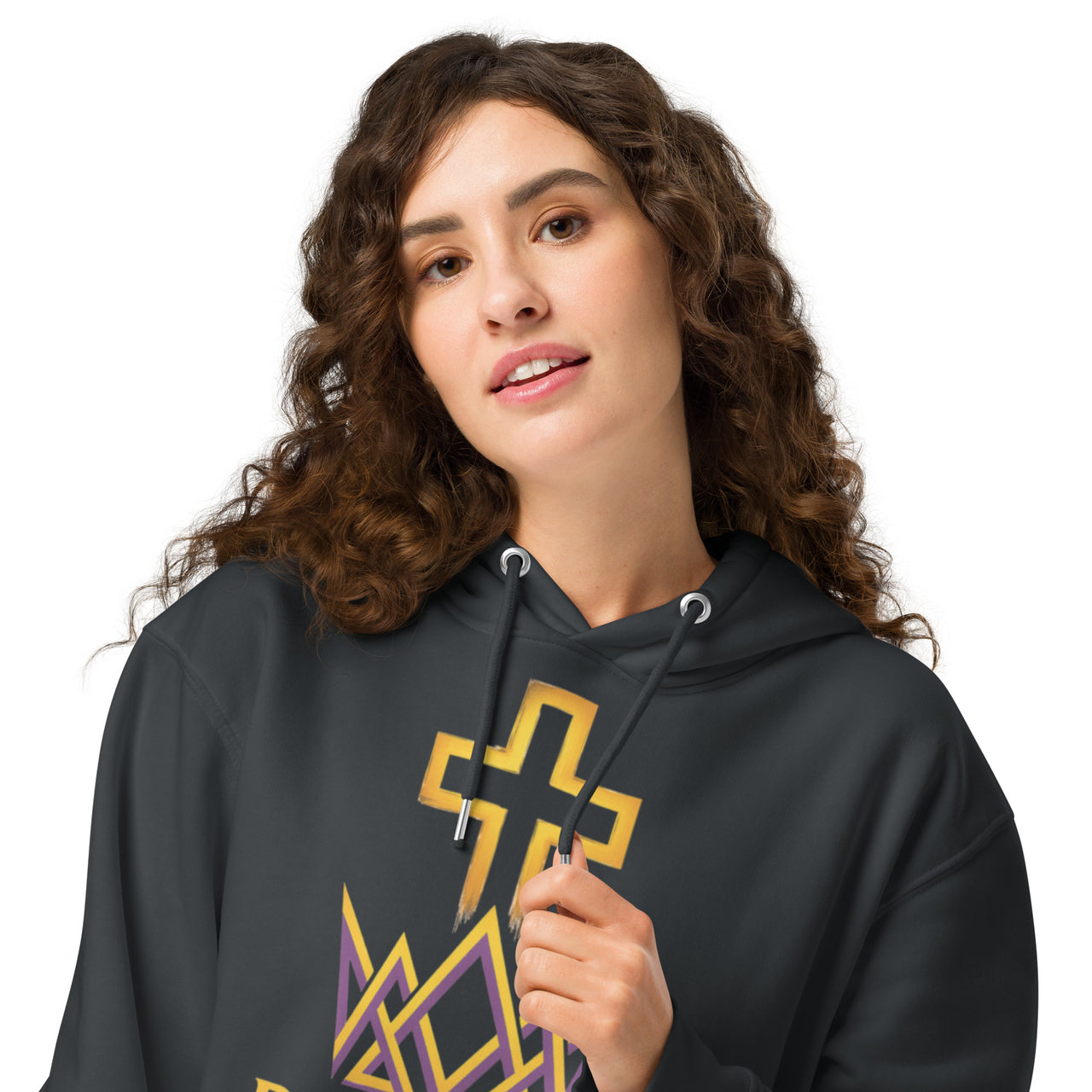 Woman close up wearing dark grey Royalty hoodie – gold and purple Kingdom front graphic with 1 Peter 2:9