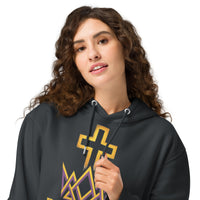 Woman close up wearing dark grey Royalty hoodie – gold and purple Kingdom front graphic with 1 Peter 2:9