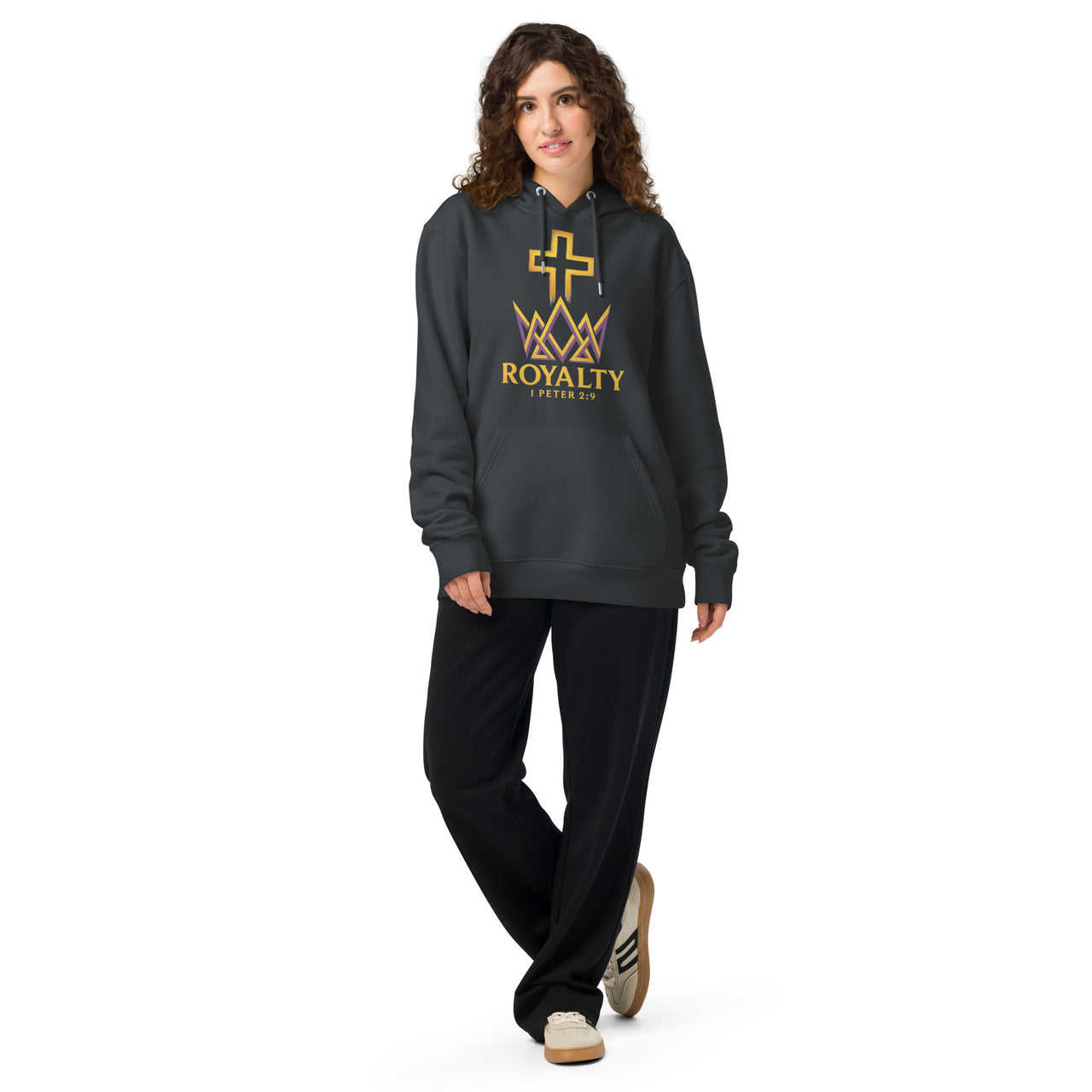 Woman wearing dark grey Royalty hoodie – gold and purple Kingdom front graphic with 1 Peter 2:9