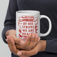 Model with 20oz white Christian mug – Isaiah 53:5 red scripture side shown boldly